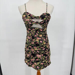 Women's NSR Floral Print Knot Cut Out Mini Black Dress Small